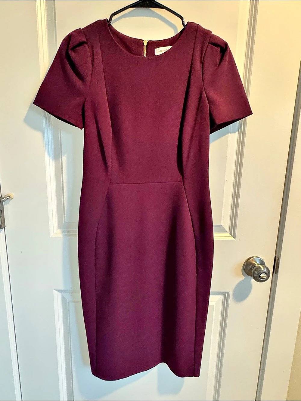 Calvin Klein Puff Sleeve Sheath Dress Burgundy Midi Size 6